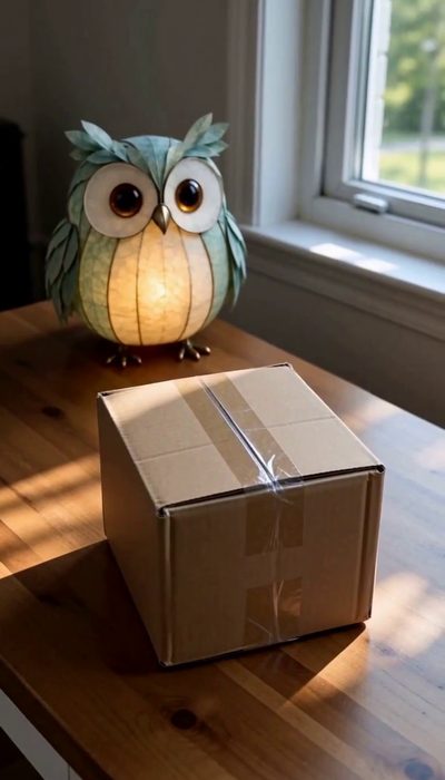 A plain cardboard box on a wooden desk