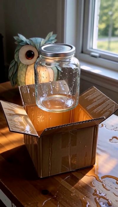 A glass jar rising out of the box with water splashes